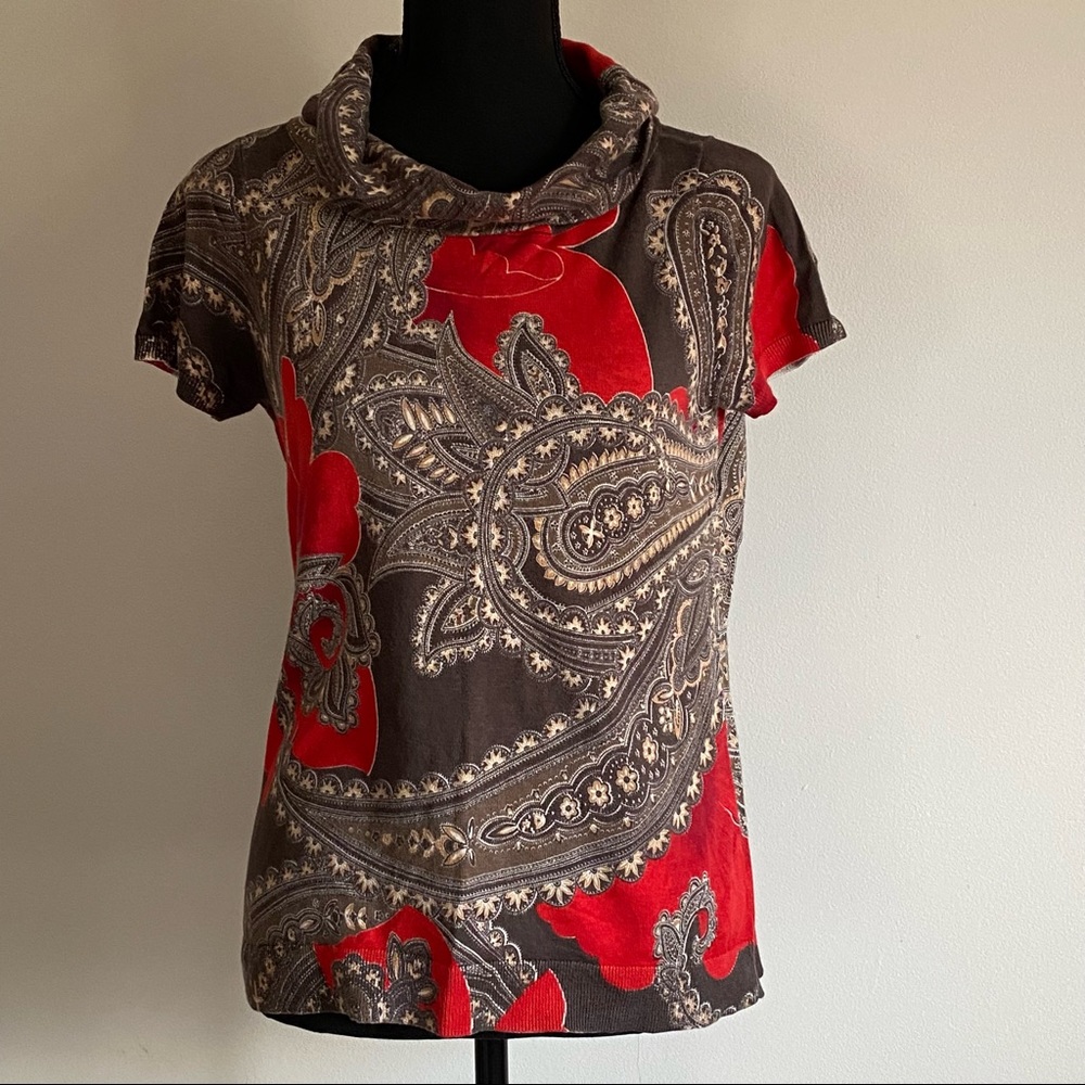 Ann Taylor paisley short-sleeve sweater, red and brown, size Medium, cowl neck